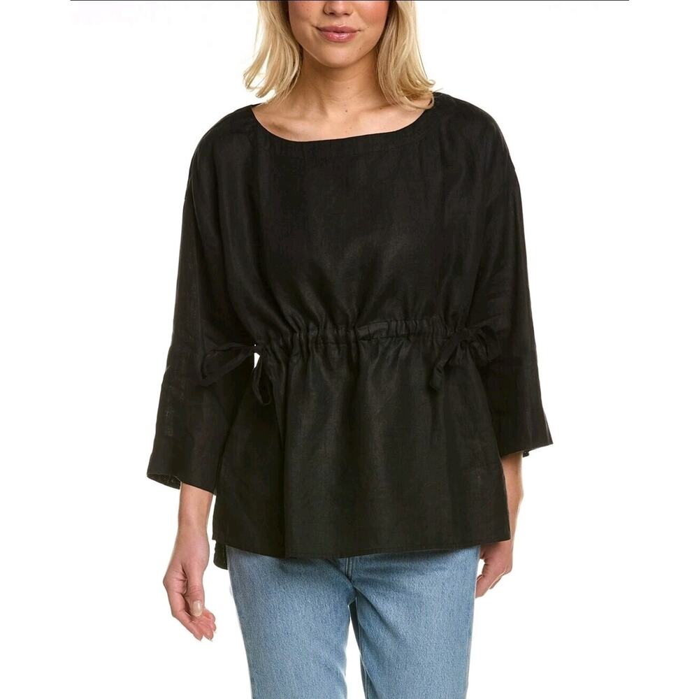 Eileen Fisher Black Boxy Fit Organic Handkerchief Linen Blouse Women's M - Picture 8 of 8
